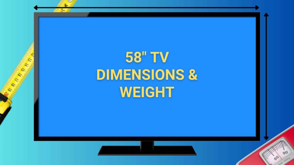 Image of 58 inch TV with measuring tape and bath scale in background.