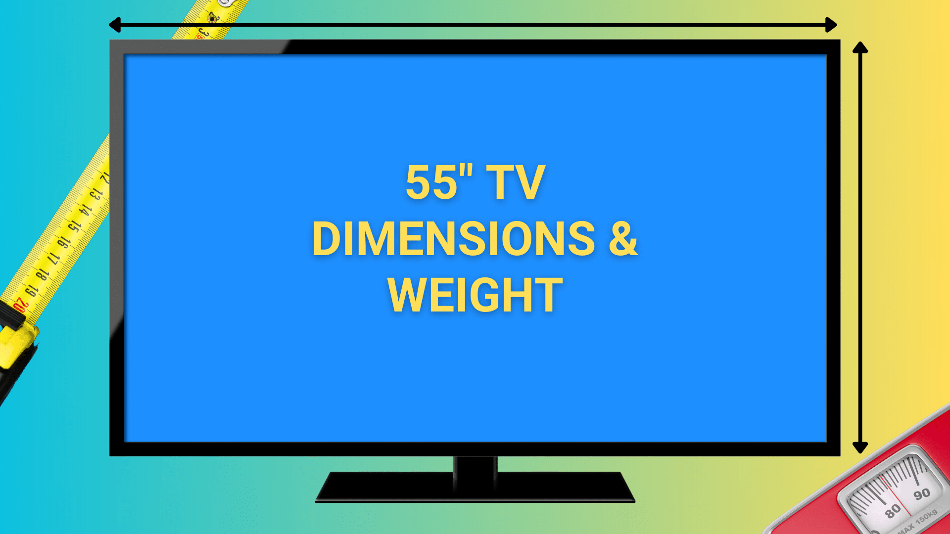 Image of 55 inch TV with measuring tape and bath scale in background.