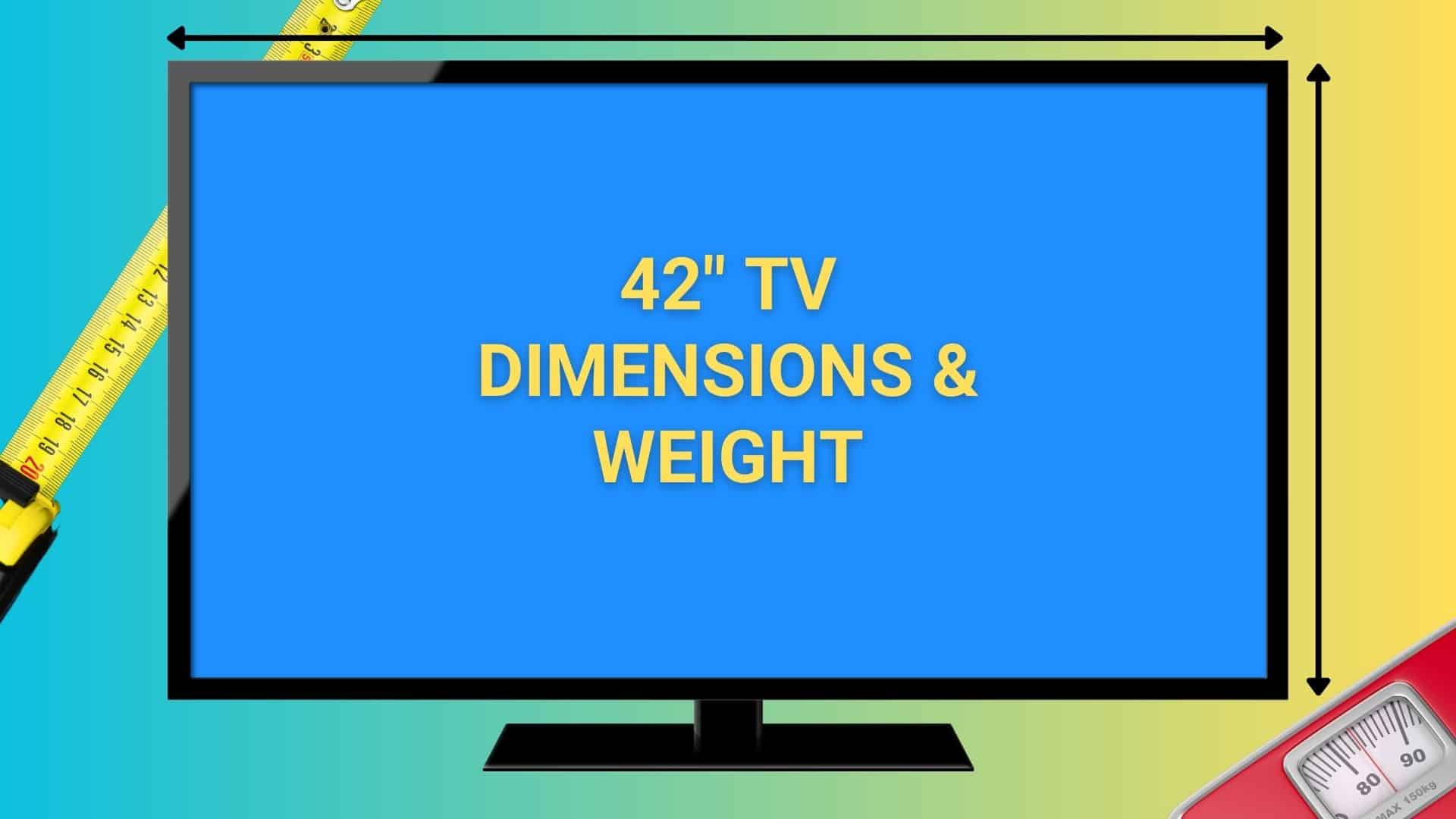 Image of 42 inch TV with measuring tape and bath scale in background.